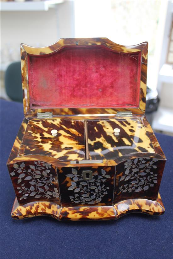 A 19th century tortoiseshell two division tea caddy, 7.75in.